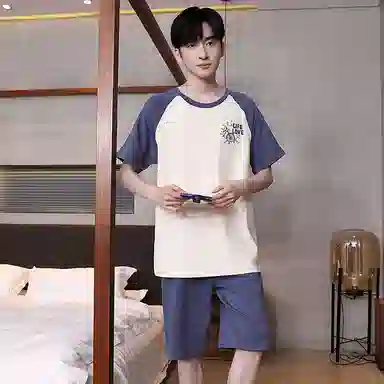 贴身领域 字母印花拼接撞色圆领纯棉短袖薄款舒适短裤睡衣套装 男款