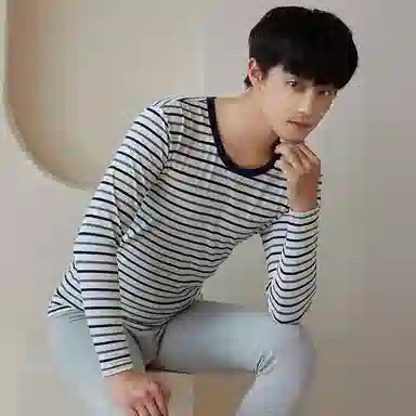 贴身领域 纯棉青少年秋衣条纹薄款可外穿长袖长裤内衣保暖套装 男款