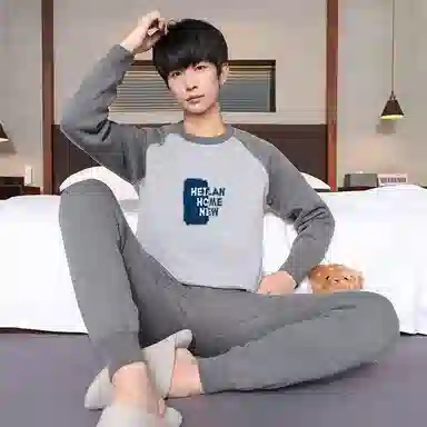 贴身领域 青少年内衣男士加厚加绒拼接插肩袖秋衣秋裤打底全棉毛衫保暖套装 男款