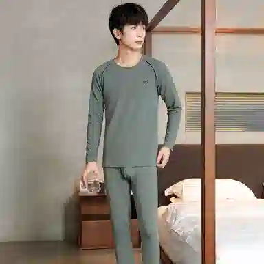 贴身领域 纯棉时尚可外穿圆领抗菌长袖秋衣秋裤打底衫青少年青年保暖内衣套装 男款
