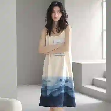 贴身领域 渐变水墨印花纯棉圆领套头休闲可外穿家居服吊带睡裙 女款 杏色