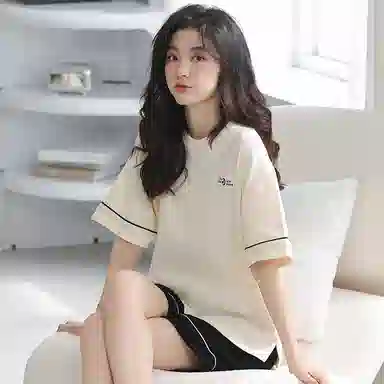 贴身领域 时尚字母圆领短袖带口袋可外穿薄款棉质休闲家居服三分裤睡衣套装 女款 图色