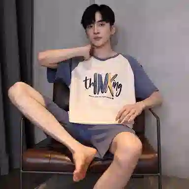 贴身领域 夏季 卡通拼接撞色短袖薄款舒适五分裤睡衣套装 男款 杏色