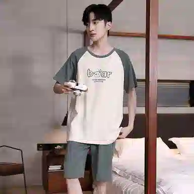 贴身领域 字母印花拼接撞色圆领短袖薄款潮宽松舒适上衣松紧腰五分裤可外穿睡衣套装 男款 绿色