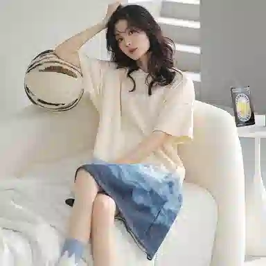 贴身领域 渐变水墨印花薄款纯棉圆领套头短袖休闲可外穿睡衣睡裙 女款 杏色