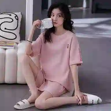贴身领域 时尚字母爱心图案圆领短袖薄款休闲三分裤可外穿家居服睡衣套装 女款 粉色