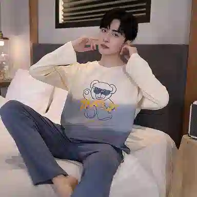 贴身领域 圆领简约上衣松紧腰卡通长裤睡衣套装 男款