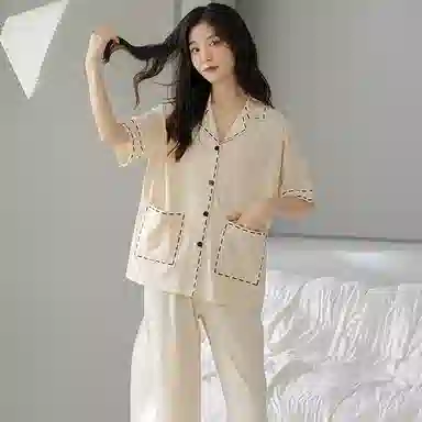 贴身领域 圆领短袖长裤可外穿薄款棉质休闲家居服睡衣套装 女款 图色