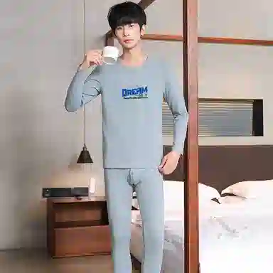 贴身领域 男士抑菌纯棉印花青少年秋衣秋裤纯色居家睡衣初高中学生圆领长袖长裤薄内衣保暖套装 男款