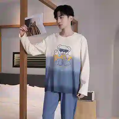 贴身领域 圆领简约上衣松紧腰卡通长裤睡衣套装 男款