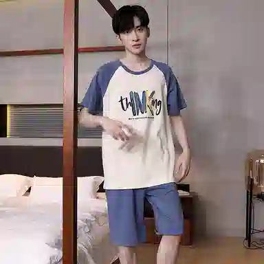 贴身领域 夏季 卡通拼接撞色短袖薄款舒适五分裤睡衣套装 男款 杏色
