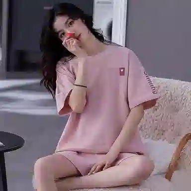 贴身领域 时尚字母爱心图案圆领短袖薄款休闲三分裤可外穿家居服睡衣套装 女款 粉色