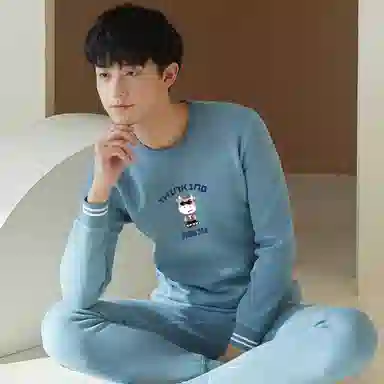 贴身领域 无痕加绒加厚圆领可外穿保暖套装 男款