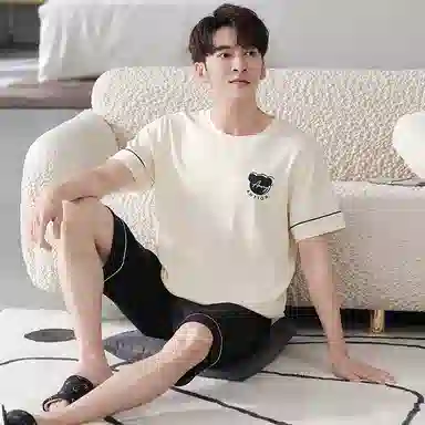 贴身领域 纯棉圆领卡通字母印花短袖松紧腰睡衣套装 男款 杏色