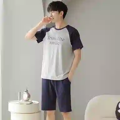 贴身领域 字母印花拼接撞色圆领短袖薄款舒适短裤可外穿家居服睡衣套装 男款 花灰色