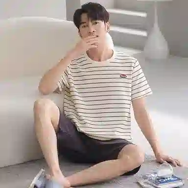 贴身领域 圆领条纹套头短袖睡衣套装 男款 米黄