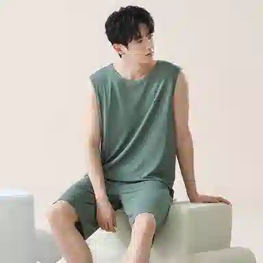 贴身领域 小熊印花圆领套头无袖睡衣套装 男款 树绿