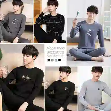 贴身领域 圆领可外穿加厚加绒印花冬季青年内衣保暖套装 男款