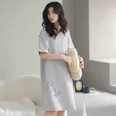 贴身领域 卡通熊印花华夫格薄款纯棉圆领套头短袖休闲可外穿睡衣睡裙 女款 灰色