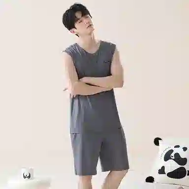 贴身领域 纯色圆领套头无袖睡衣套装 男款 灰色