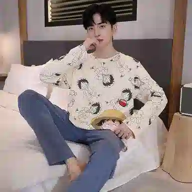 贴身领域 圆领简约上衣松紧腰卡通长裤睡衣套装 男款