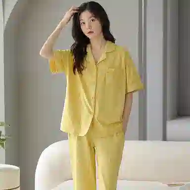 贴身领域 短袖长裤可外穿休闲家居服睡衣套装 女款 黄色