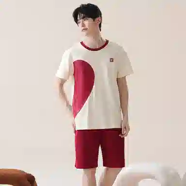 贴身领域 卡通爱心印花短袖上衣透气舒适松紧裤睡衣套装 男款 杏色拼红色