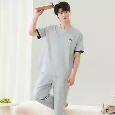 贴身领域 圆领舒适透气短袖长裤可外穿柔软简约亲肤睡衣套装 男款