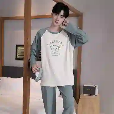 贴身领域 圆领简约上衣松紧腰卡通长裤睡衣套装 男款