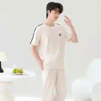 贴身领域 圆领舒适透气短袖长裤可外穿柔软简约亲肤睡衣套装 男款