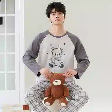 贴身领域 撞色圆领舒适透气可外穿简约亲肤睡衣套装 男款