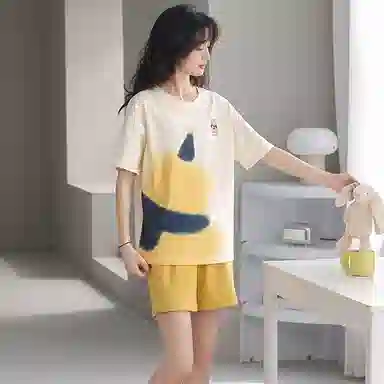 贴身领域 夏季 小熊卡通印花短袖纯棉透气可外穿舒适短裤睡衣套装 女款 杏色