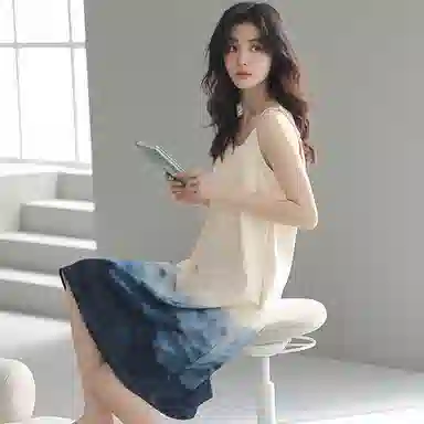 贴身领域 渐变水墨印花纯棉圆领套头休闲可外穿家居服吊带睡裙 女款 杏色