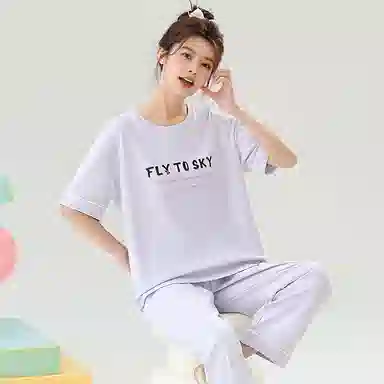 贴身领域 圆领甜美舒适透气可外穿柔软简约亲肤短袖长裤睡衣套装 女款