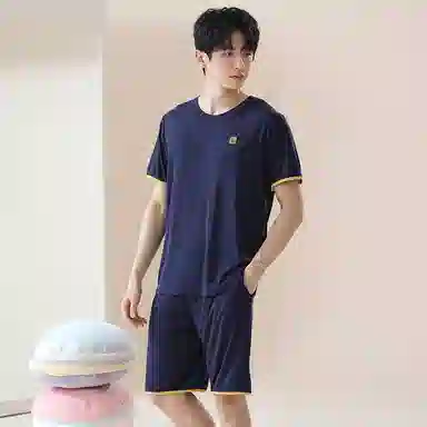 贴身领域 时尚简约纯色印花薄款圆领短袖可外穿家居服休闲短裤睡衣套装 男款 宝蓝