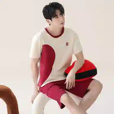 贴身领域 卡通爱心印花短袖上衣透气舒适松紧裤睡衣套装 男款 杏色拼红色