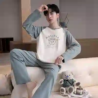 贴身领域 圆领简约上衣松紧腰卡通长裤睡衣套装 男款