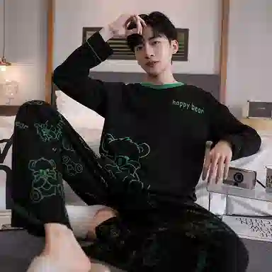 贴身领域 圆领简约上衣松紧腰卡通长裤睡衣套装 男款