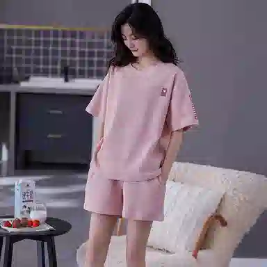 贴身领域 时尚字母爱心图案圆领短袖薄款休闲三分裤可外穿家居服睡衣套装 女款 粉色