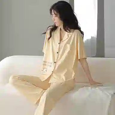 贴身领域 卡通薄款休闲短袖长裤可外穿家居服睡衣套装 女款 黄色