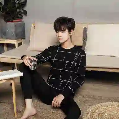 贴身领域 圆领可外穿加厚加绒印花冬季青年内衣保暖套装 男款