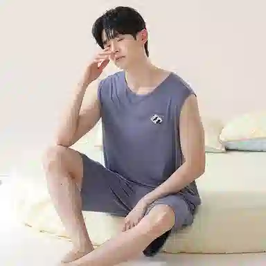 贴身领域 卡通印花圆领可外穿无袖背心松紧腰五分裤薄款柔软亲肤睡衣套装 男款 灰蓝