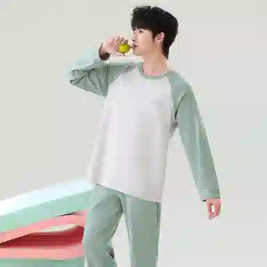 贴身领域 撞色圆领舒适透气可外穿简约亲肤睡衣套装 男款