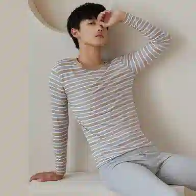 贴身领域 纯棉青少年秋衣条纹薄款可外穿长袖长裤内衣保暖套装 男款