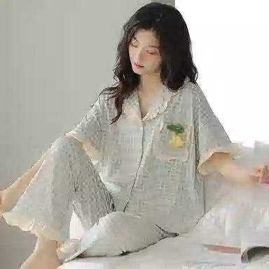 贴身领域 法式带口袋弹力休闲舒适短袖长裤可外穿家居服睡衣套装 女款 图色