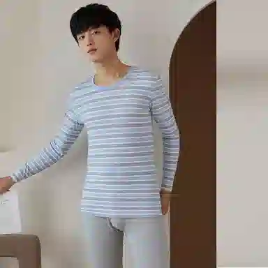 贴身领域 纯棉青少年秋衣条纹薄款可外穿长袖长裤内衣保暖套装 男款