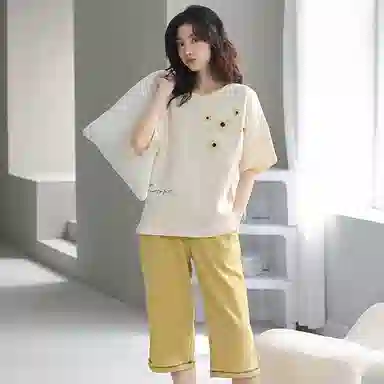 贴身领域 时尚圆领短袖七分短裤带口袋可外穿棉质休闲家居服夏季睡衣套装 女款 米黄
