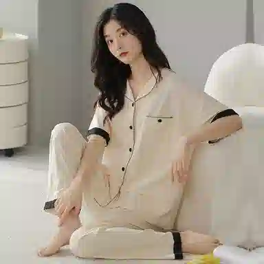 贴身领域 短袖长裤带口袋弹力可外穿棉质休闲家居服睡衣套装 女款 米黄色
