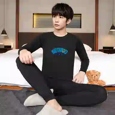 贴身领域 男士抑菌纯棉印花青少年秋衣秋裤纯色居家睡衣初高中学生圆领长袖长裤薄内衣保暖套装 男款