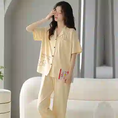 贴身领域 卡通薄款休闲短袖长裤可外穿家居服睡衣套装 女款 黄色